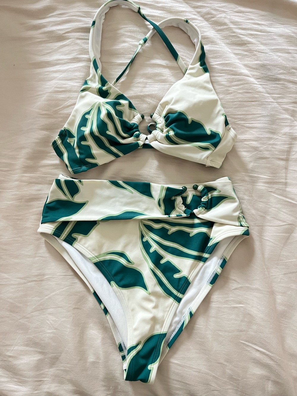 Shade & Shore Green and Cream Leaf Monstera Boho Bikini Set